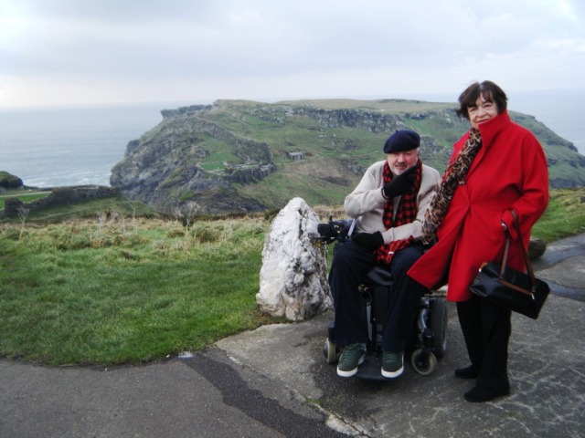 Stewart and mum (Joan) at Tintagel, behind them the ruins of King Arthur's Castle.