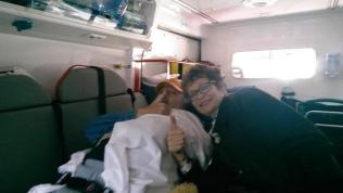 Stewart and Lesley on board the ambulance ready for the nine hour trip to the airport.